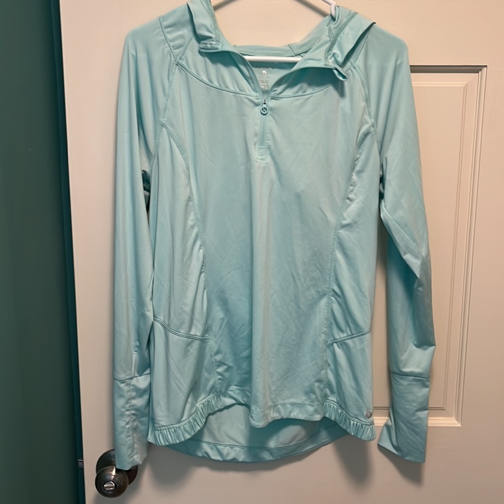 Aqua Hooded Quarter Zip Long Sleeve Top
